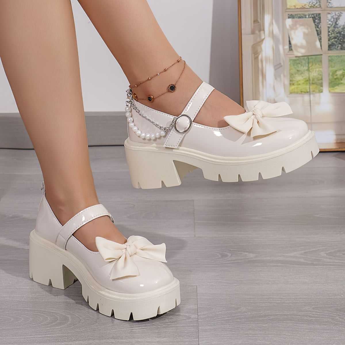 Women’s Pearl-Embellished Patent Penny Loafers – Chunky Round Toe Slip-On Shoes with Glitter Detail & PVC Sole, Mesh Lined, All-Season Fashion Footwear